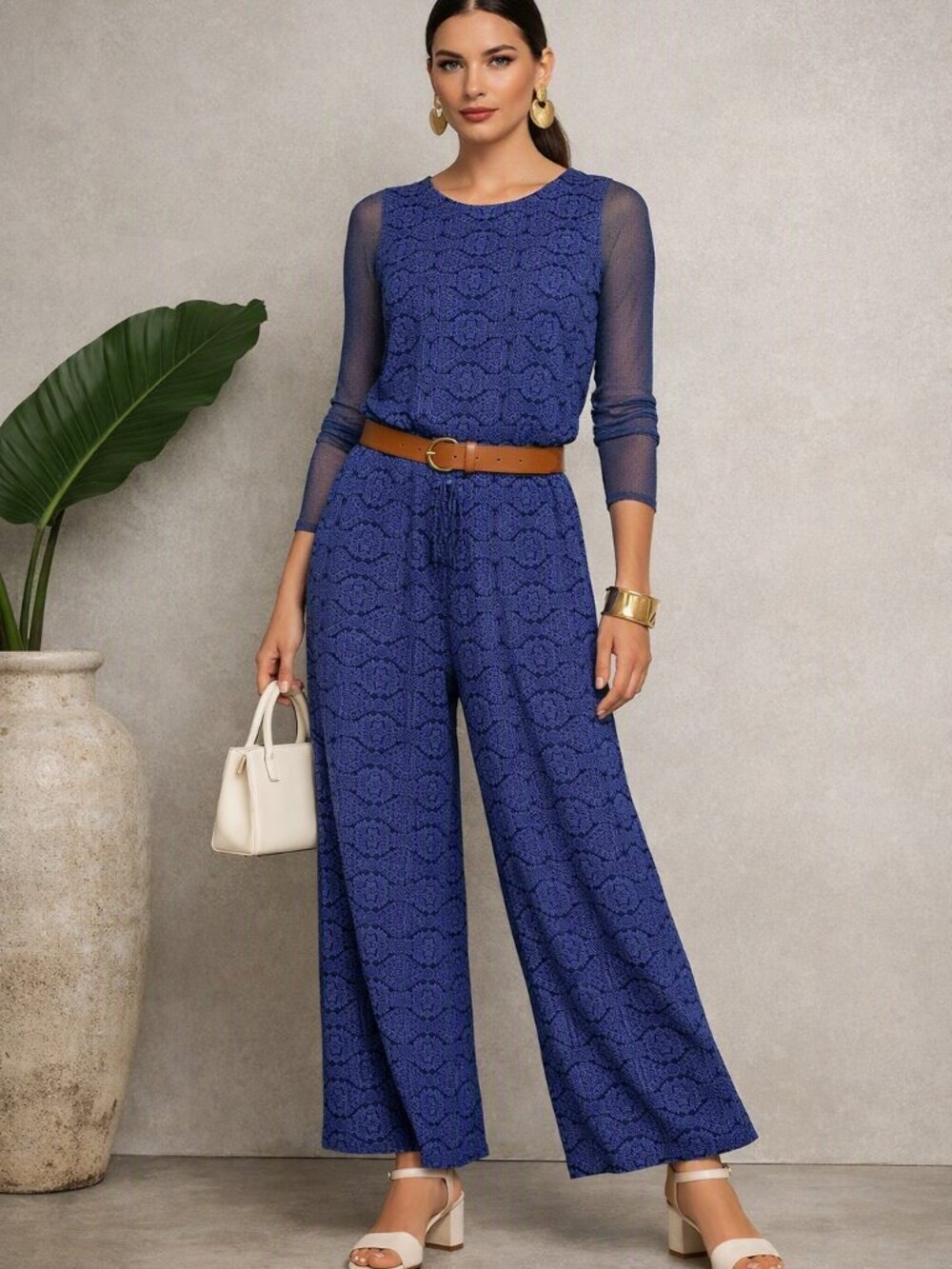 Nicole Miller Sleeveless Blue Patterned Stretchy Fabric Jumpsuit Size Medium